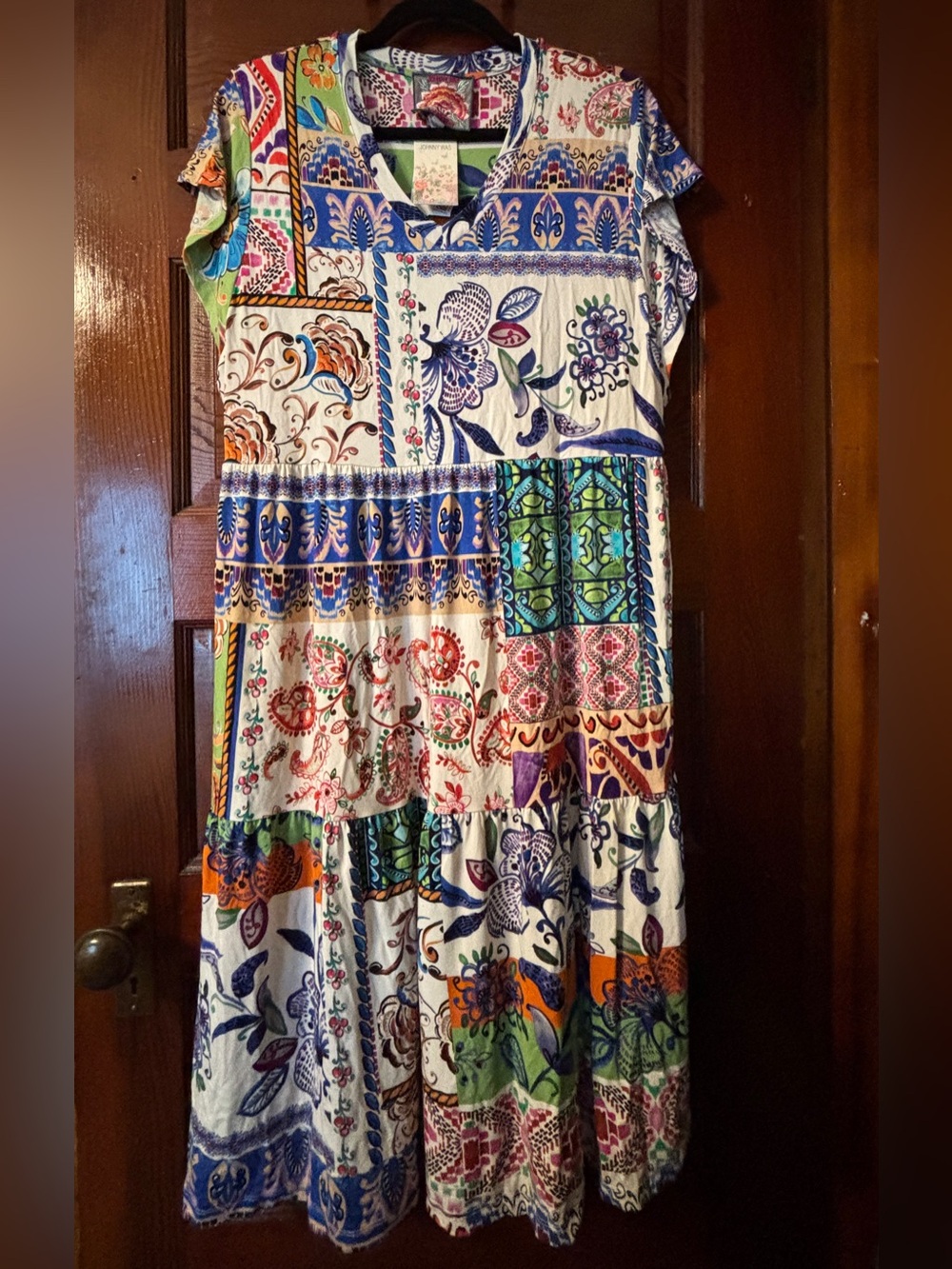 Johnny Was Multicolor Patchwork Midi Dress with Blue, Green & Orange Accents
